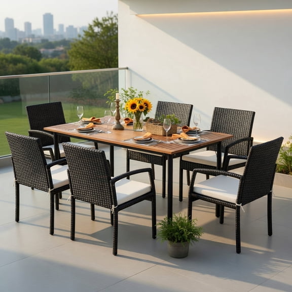Demi Bonn 7-Piece Outdoor Dining Set with Acacia Wood Table, PE Rattan Chairs, Removable Cushions & Umbrella Hole, Mix Brown Rattan, Off-White Cushions