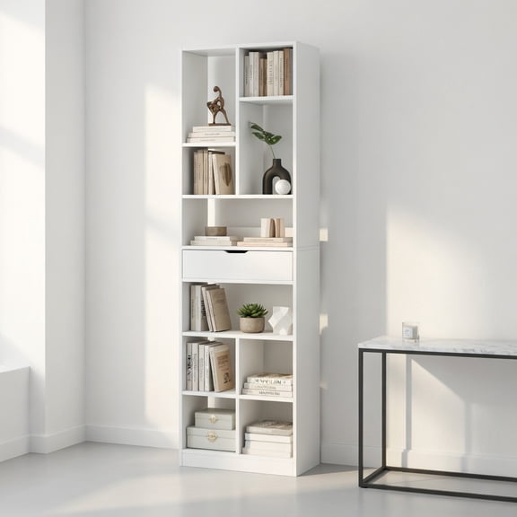Demi Bonn 7-Tier Bookshelf, Drawer Storage, 180cm Floor Standing, Anti-Falling Design, Open Cubes, White