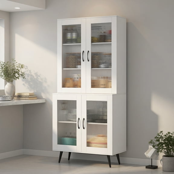 Demi Bonn 70.5" Tall Pantry Cabinet,4 Transparent Doors 5 Adjustable Shelves,Anti-Slip Pads,White