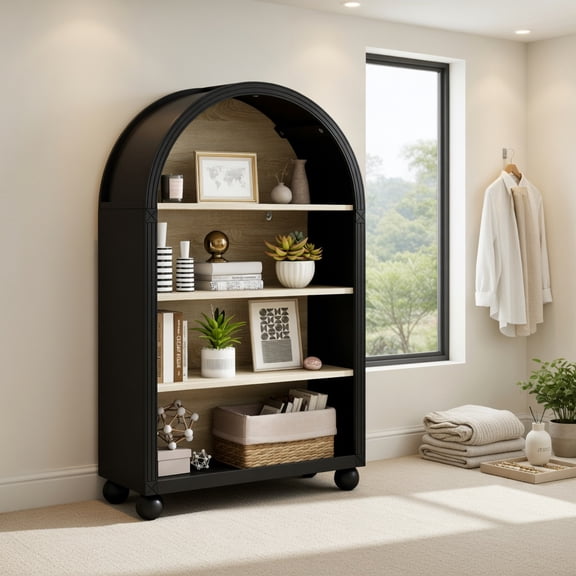 Demi Bonn 70" Arched 4-Tier MDF Bookshelf with Metal Frame & Hand-Painted Finish, Freestanding Display Cabinet for Living Room, Office or Study, Black