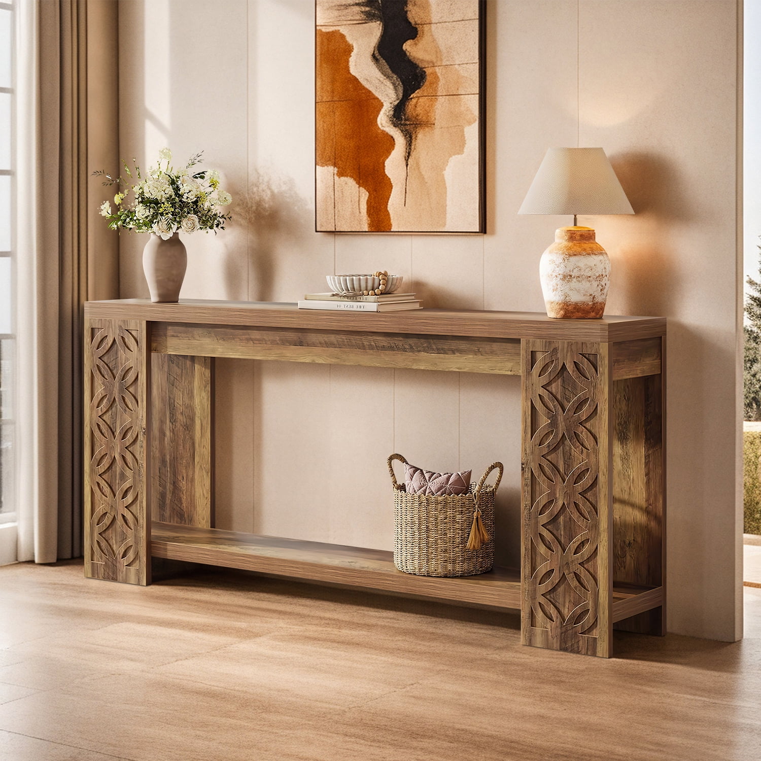 Demi Bonn 70" Bohemian Handcrafted Wooden Console Table, Entryway Side Table with Elegant Carvings for Living Room, Brown