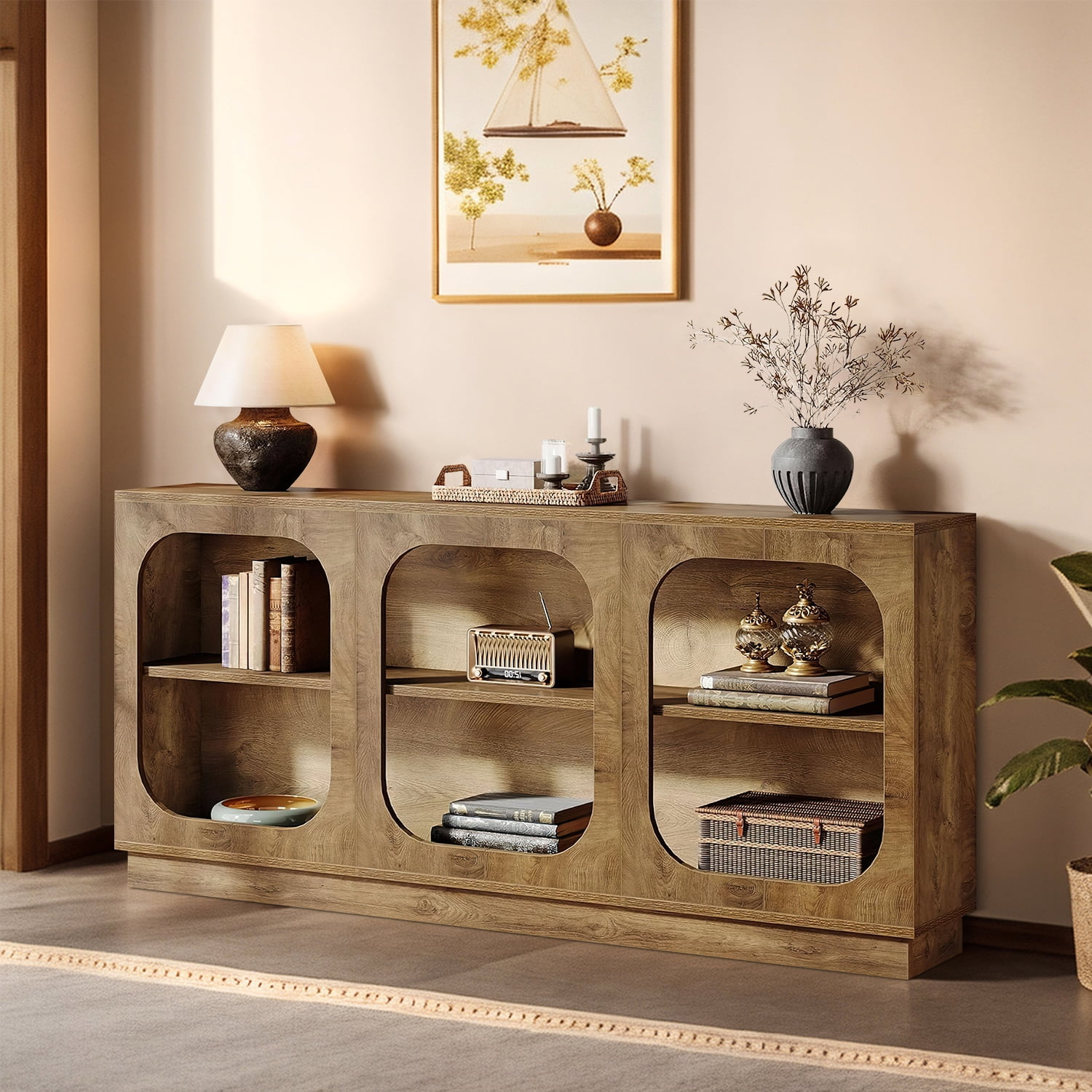 Demi Bonn 70" Bohemian Wood Sideboard, Multi Compartment Living Room Storage Cabinet, Home Decor Display Console, Brown