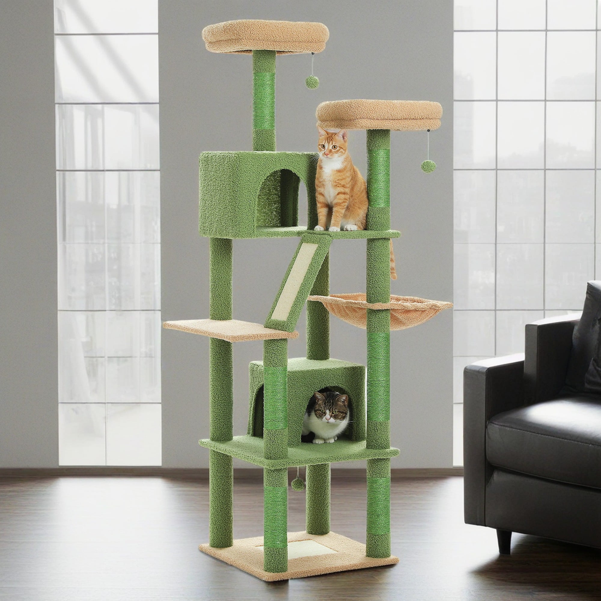 resenkos 70" Cat Tree Tower for Indoor Cats, Multi-Level Cat Tree House Cat Scratching Post with 2 Perches, 2 Cat Condos, Hammock and 2 Pompoms, Green