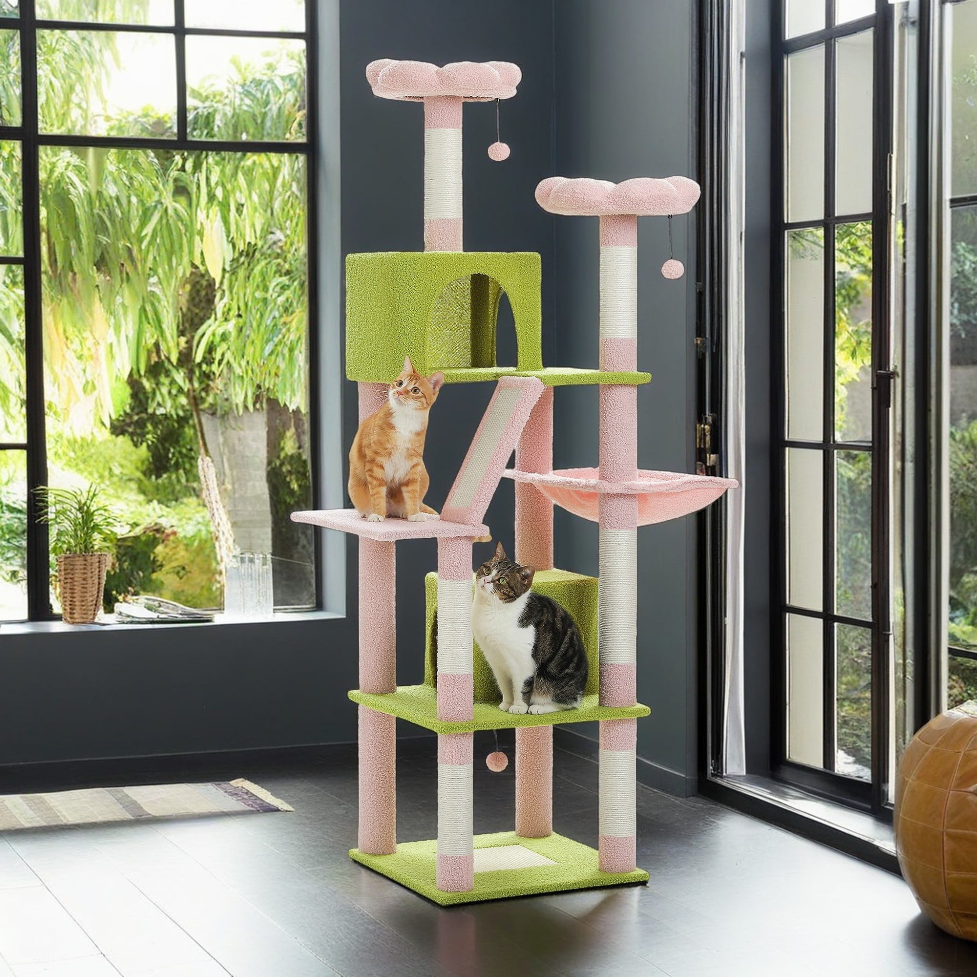 resenkos 70" Cat Tree Tower for Indoor Cats, Multi-Level Cat Tree House Cat Scratching Post with 2 Perches, 2 Cat Condos, Hammock and 2 Pompoms, Pink