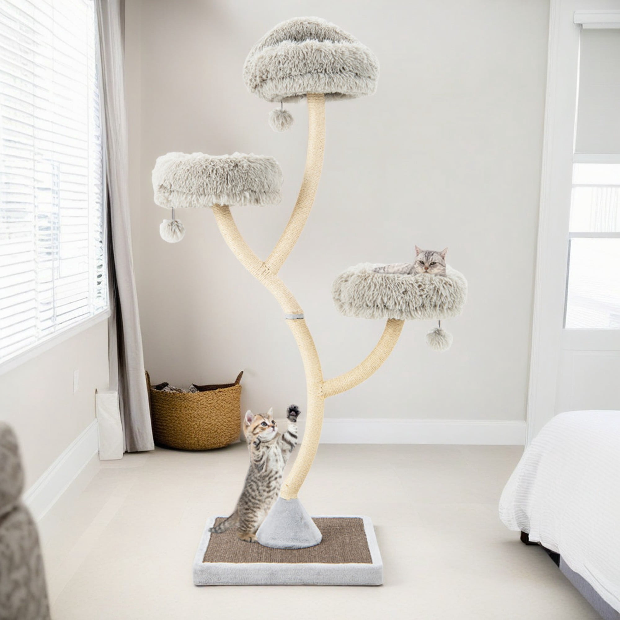 resenkos 70" Cat Tree with Scratching Post, Cat Tower with Padded Plush Perch and Dangling Balls, Multi-Platform for Jump, Gray