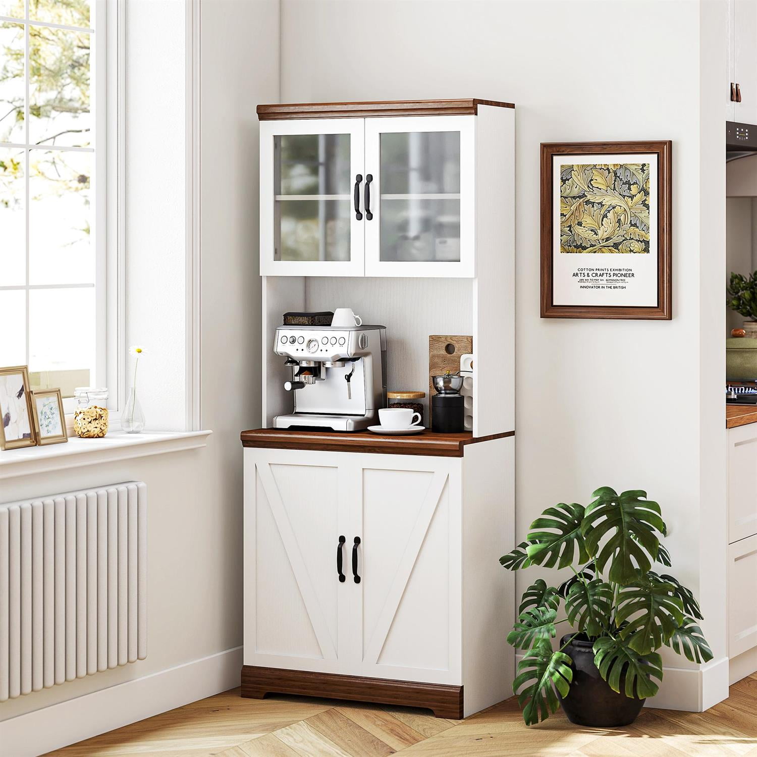 Demi Bonn 70" Farmhouse Pantry Cabinet with Glass Doors and Adjustable Shelves, Kitchen Storage Hutch, Open Countertop for Microwave, White