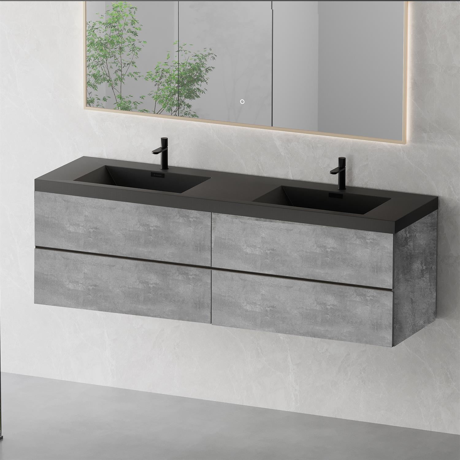Demi Bonn 70" Floating Bathroom Vanity with Sink, Double Black Quartz Sand Top Basin and 4 Soft Close Drawers, Faucets and Drains Not Included, Gray