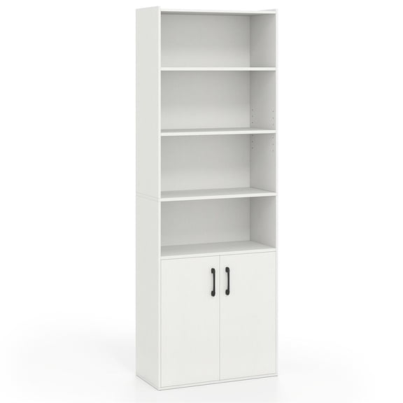 Demi Bonn 70 Inch 6-Tier Bookcase, Adjustable Shelves, 2-Door Cabinet, Anti-Toppling Design, Home Organizer, White