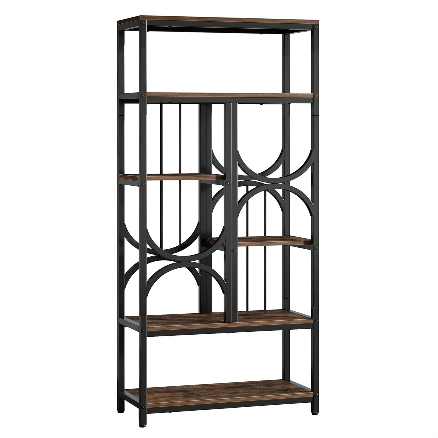 Demi Bonn 70" Industrial Metal & Wood Bookcase, Sturdy Multi-Level Display Shelf, Stylish Decorative Storage Rack for Home Office, Brown