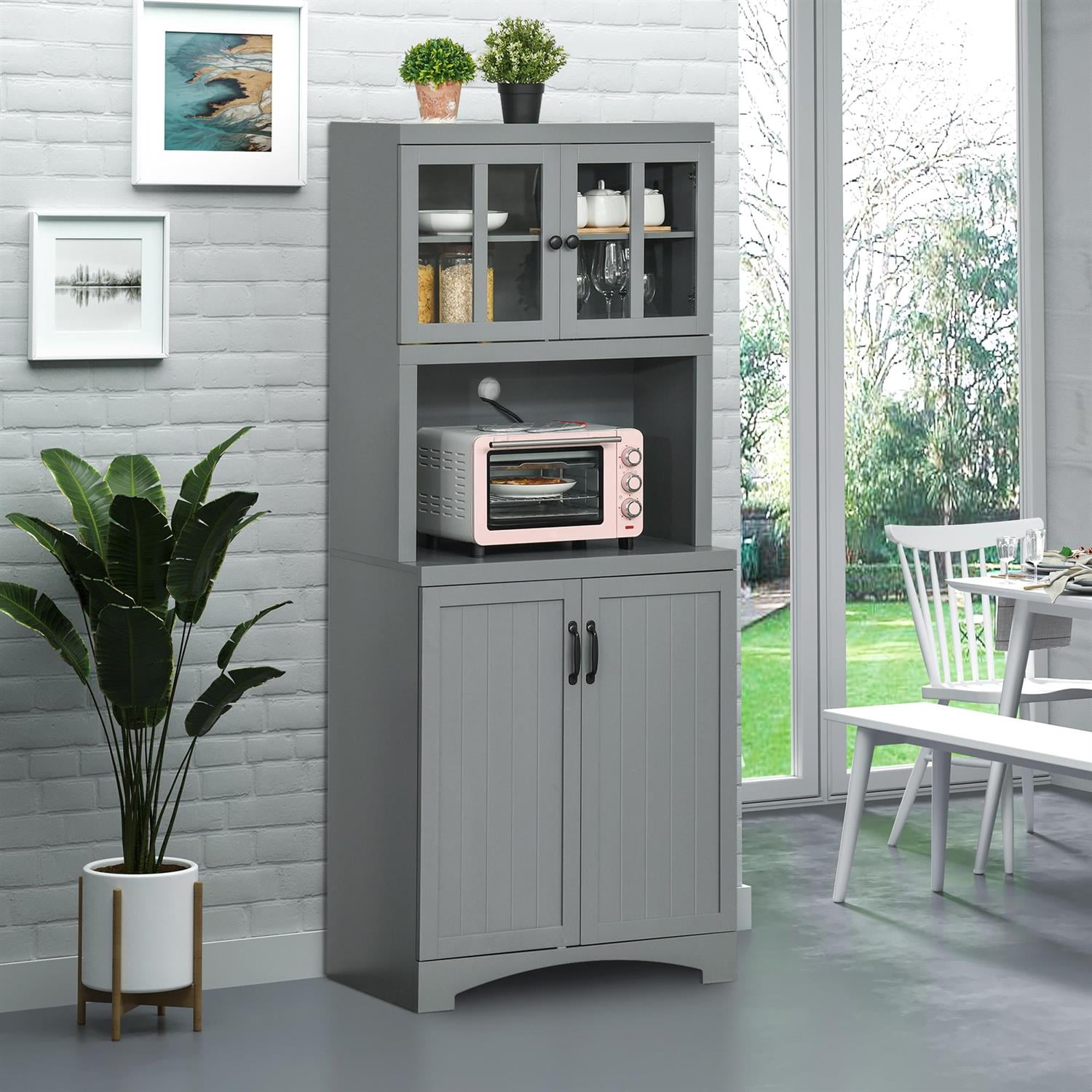 Demi Bonn 70" Kitchen Hutch with Glass Door, Adjustable Shelves & Microwave Space for Storage, Gray