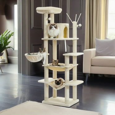 Demi Bonn 70" Large Cat Tree Tower with Scratching Posts, Perches, Basket, Hammock, Multi-Level Plush Cat Condo for Indoor Cats, Beige