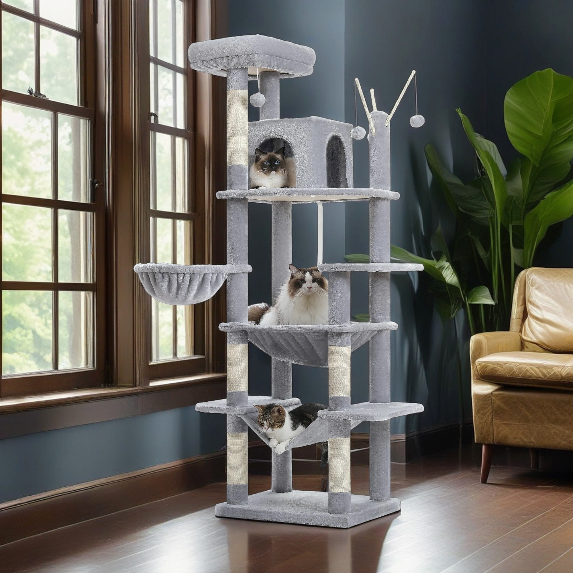 resenkos 70" Large Cat Tree Tower with Scratching Posts, Perches, Basket, Hammock, Multi-Level Plush Cat Condo for Indoor Cats, Gray