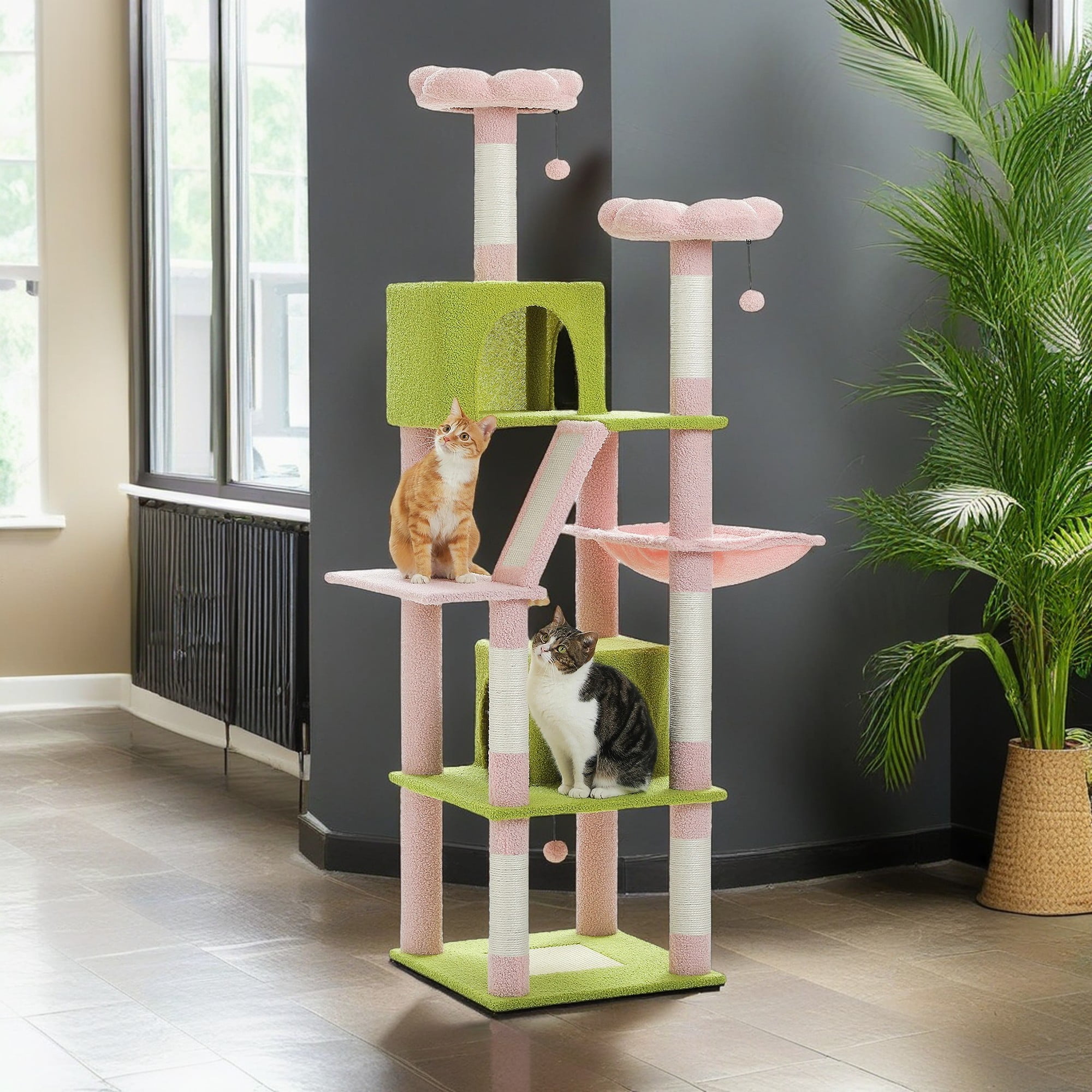 Kadyn 70" Large Cat Tree for Indoor Cats, Multi-Level Cat Tower Cat Scratching Post with 2 Perches, 2 Condos, Hammock and 2 Pompoms, Pink