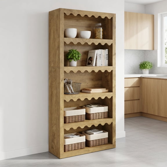 Demi Bonn 70" Modern 5-Tier Bookshelf with Scalloped Edges, Stylish Open Storage Shelf for Living Room, Bedroom & Home Office, Brown