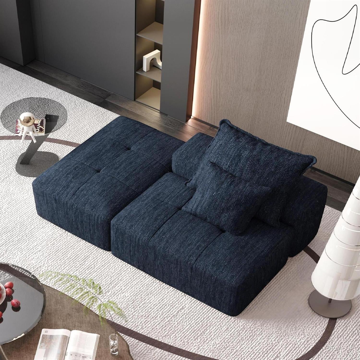 Demi Bonn 70" Modern Oversized Modular Sectional Sofa for Living Room, Chenille Fabric Couch with Cushion, 2 Plush Pillows, No Assembly Needed, Blue