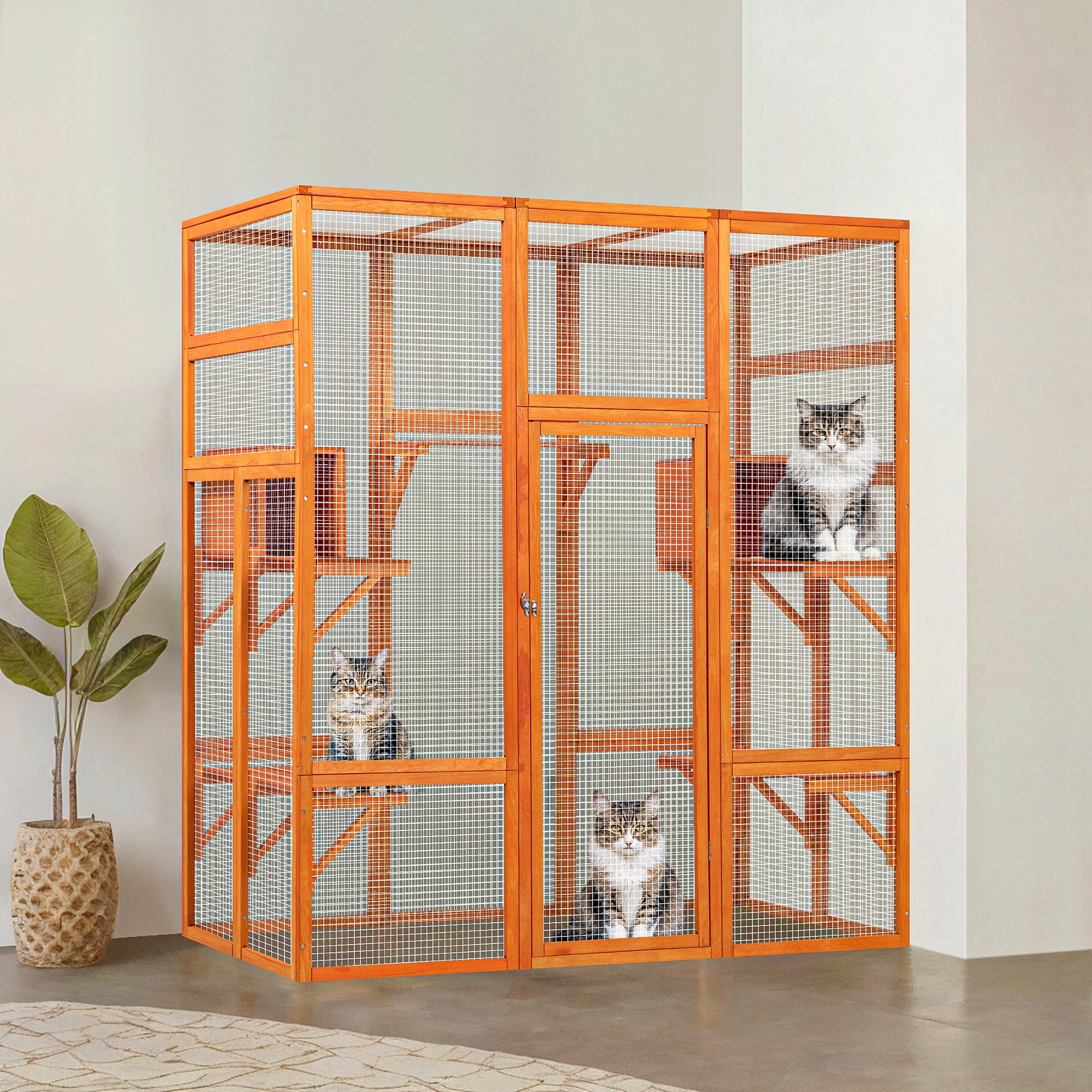 Demi Bonn 70" Outdoor Wood Cat House, Catio Kitty Enclosure Large Cat Cage Condo Playpen with Platforms and Small House, Orange
