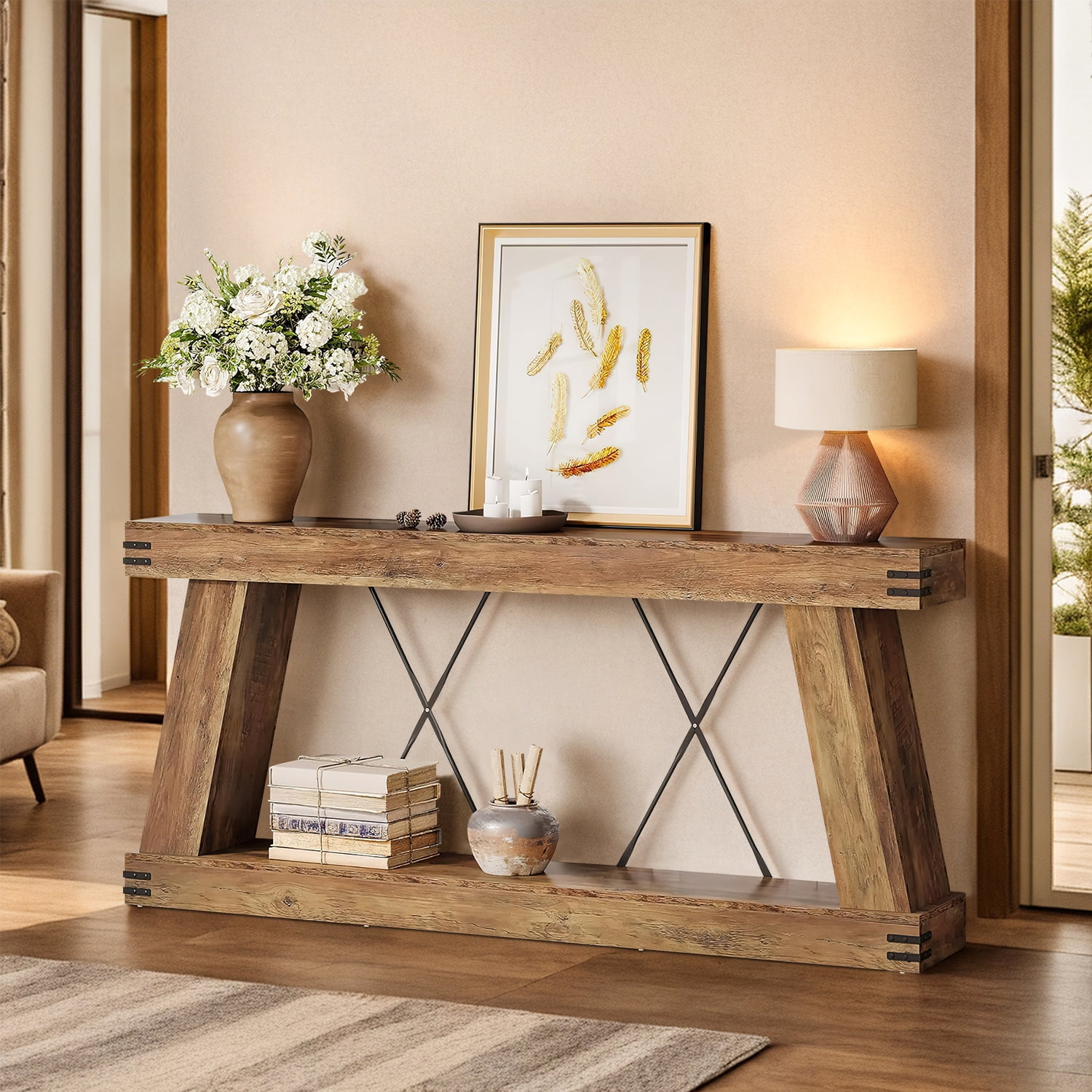 Demi Bonn 70" Rustic Wooden Console Table, Entryway Sofa Table, 2-Tier Hall Display, Sturdy and Stylish for Living Room, Home Decor, Brown