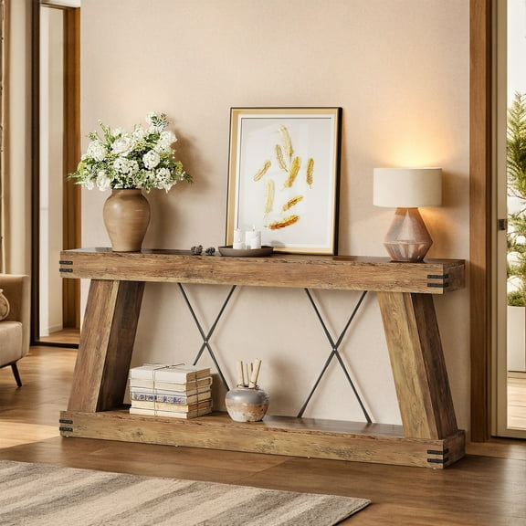 Demi Bonn 70" Rustic Wooden Console Table, Entryway Sofa Table, 2-Tier Hall Display, Sturdy and Stylish for Living Room, Home Decor, Brown