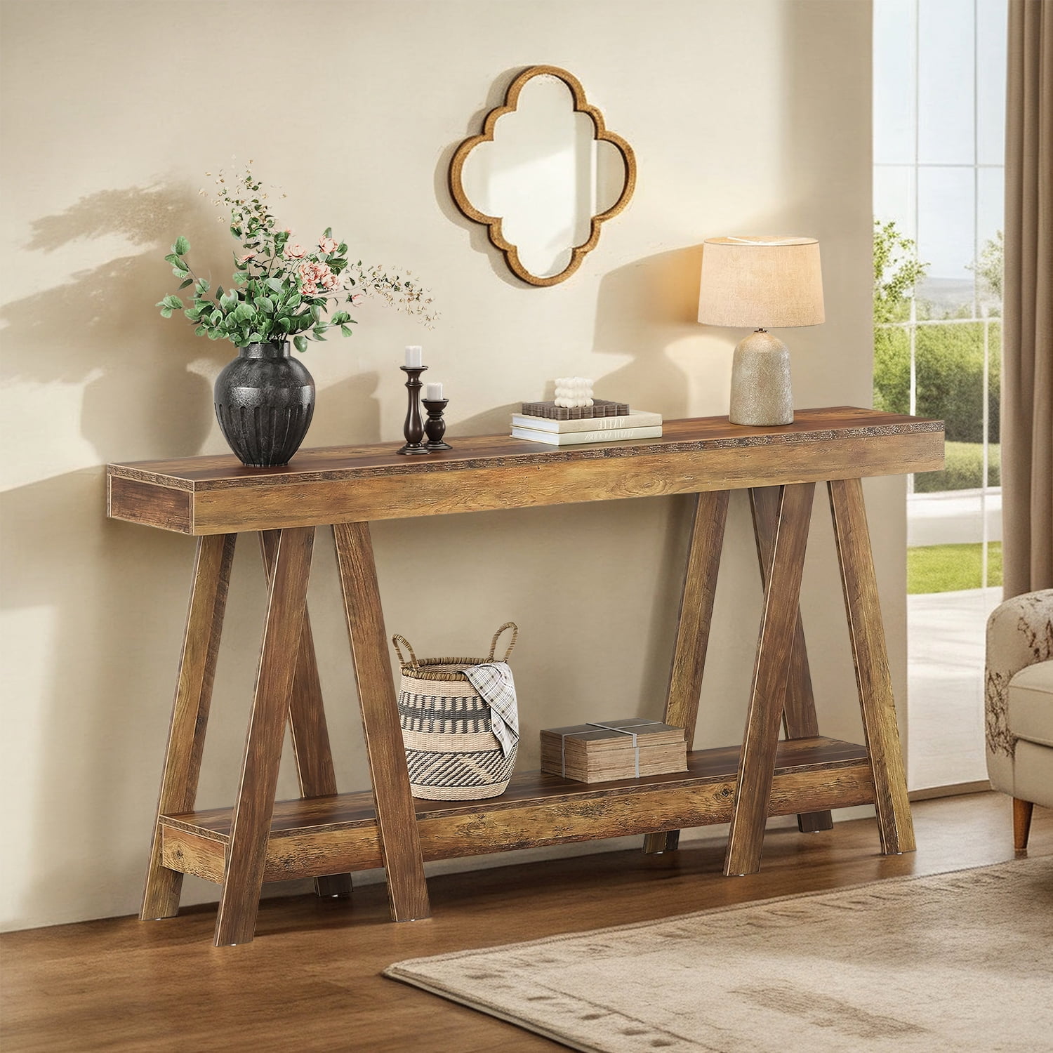 Demi Bonn 70" Rustic Wooden Console Table, Entryway Sofa Table, 2-Tier Hallway Shelf for Home Decor, Living Room, Brown