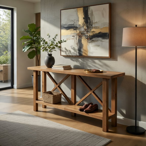 Demi Bonn 70" Solid Wood Farmhouse Console Table with X-Frame Design, Narrow Entryway & Sofa Table with 2-Tier Storage, Rustic Natural Wood Grain Finish, Brown