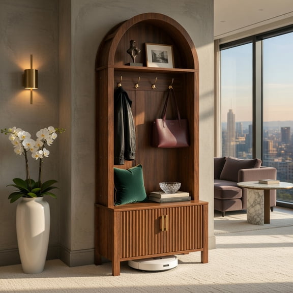 Demi Bonn 70" Tall Farmhouse Arched Hall Tree with Bench & Shoe Storage, Mudroom Organizer, Entryway Coat Rack with 4 Metal Hooks & 2 Fluted Cabinet Doors, Walnut