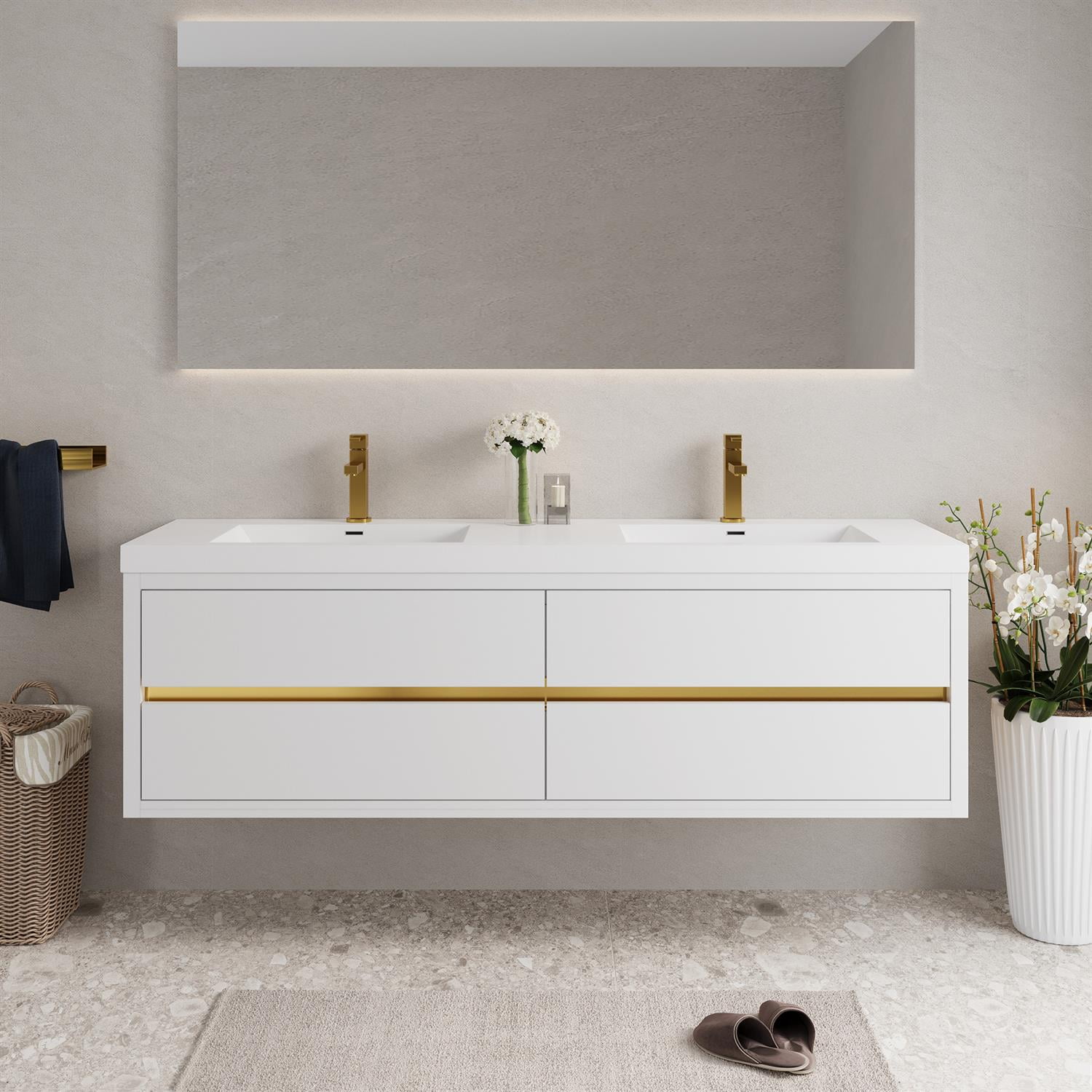 Demi Bonn 70" Wall-Mounted Bathroom Vanity with Sink, Stone Resin Countertop and 4 Soft Close Drawers, Faucets and Drains Not Included, White