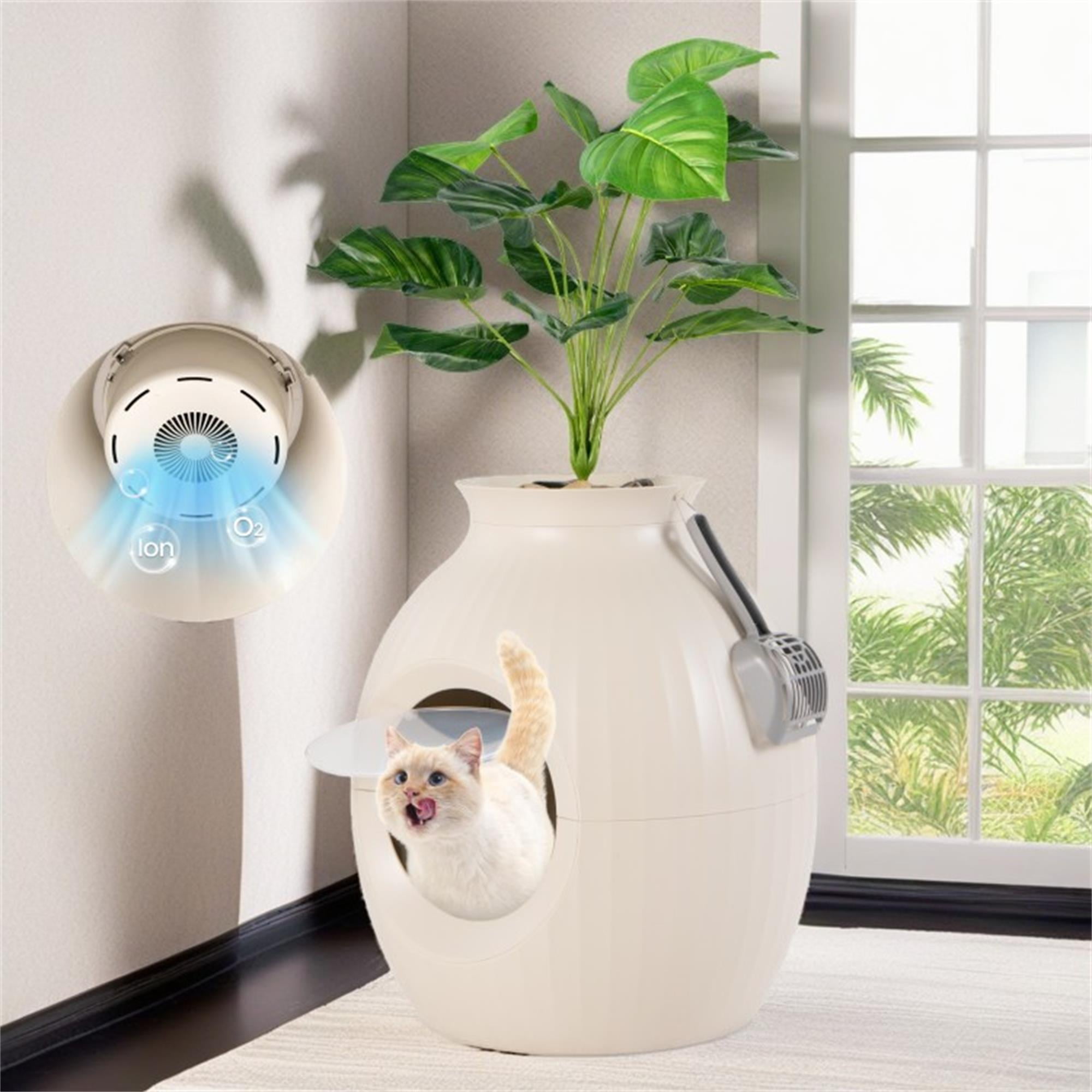 Kadyn 70L Smart Plant Cat Litter Box Enclosure Furniture with Electronic Odor Removal System, Hidden Cat House Washroom with Easy-Push Door, Scoop, Beige