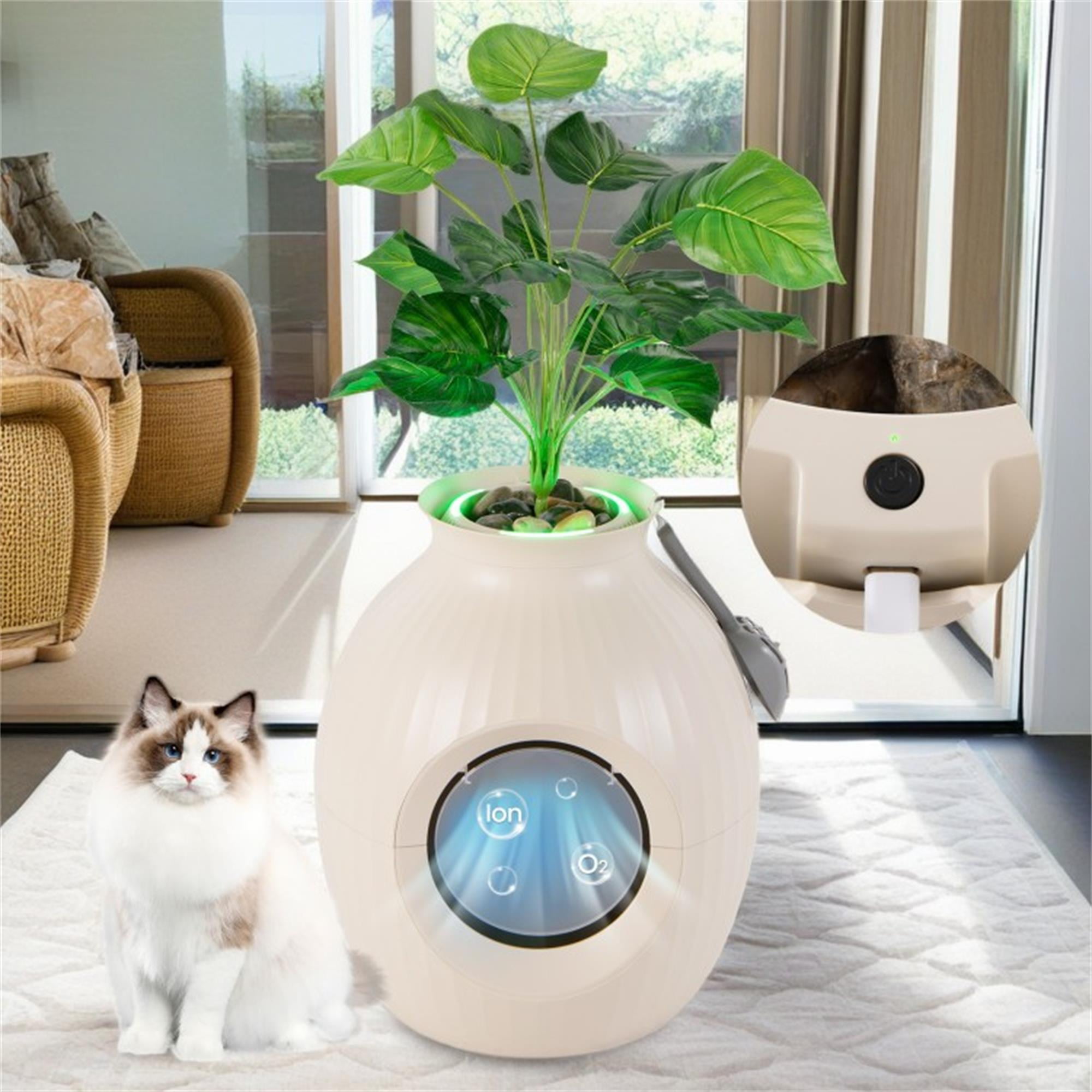 resenkos 70L Smart Plant Cat Litter Box Furniture, Hidden Cat Litter Box Enclosure with Electronic Odor Removal and Sterilization for Multi Cats, Beige