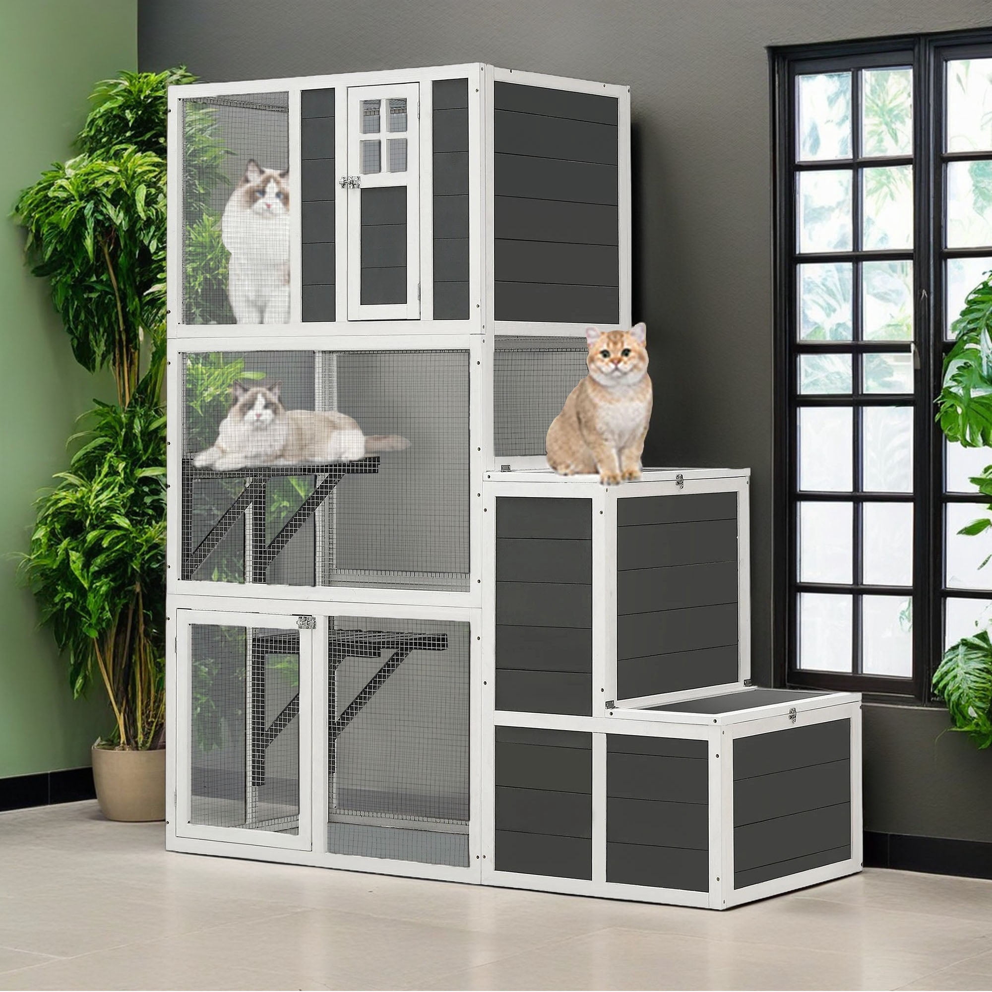 Demi Bonn 71" 3-Tier Wood Outdoor Cat Cage with 4 Platforms, 2 Doors, Cat Enclosure for 1-3 Cats Large, Cat House Shelter for Indoor, Gray