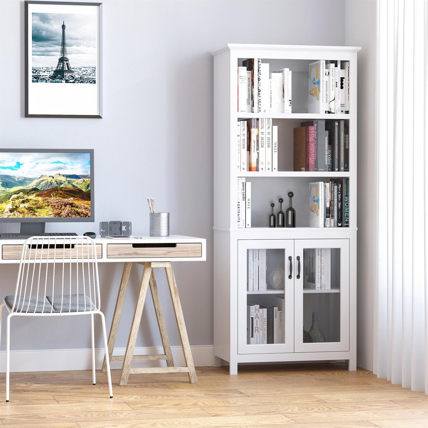 Demi Bonn 71" Adjustable Shelves Bookcase Cabinet with Glass Doors for Home Office, Living Room or Kitchen Use, Stylish Storage, White