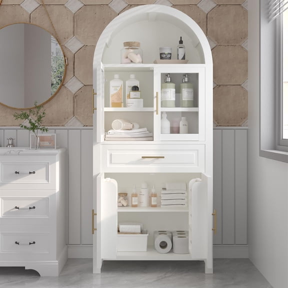 Demi Bonn 71" Arched Kitchen Pantry Cabinet with Glass Door, Farmhouse Storage Pantry Cabinet with Adjustable Shelves & Barn Door Design for Living & Dining Room, White
