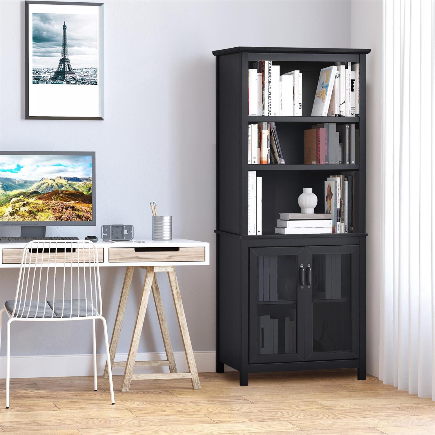 Demi Bonn 71" Bookcase Storage with Adjustable Shelves & Glass Doors for Home Office Spaces, Black