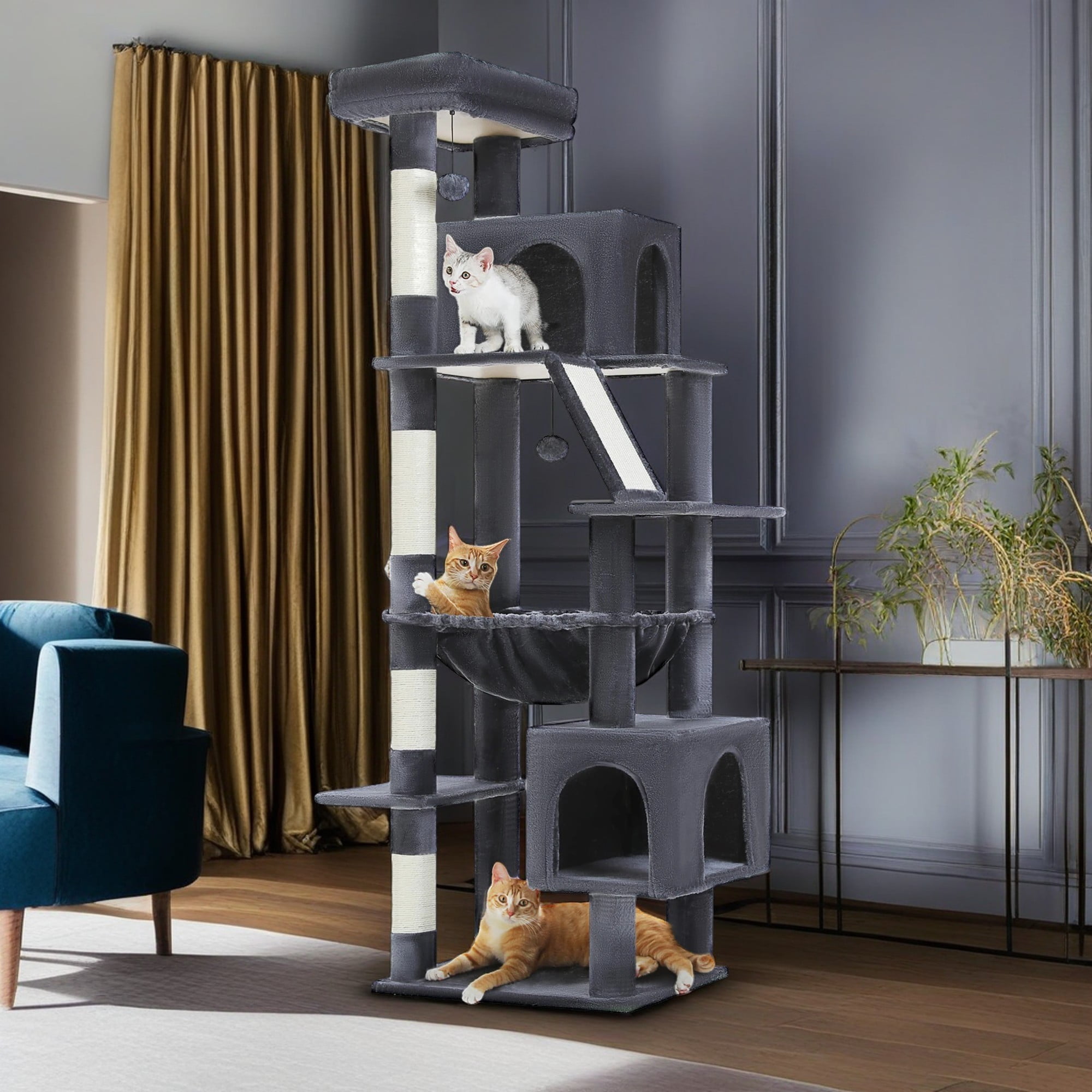 Kadyn 71" Cat Tree Tower for Indoor Cats, Plush Multi-Level Cat Condo with Scratching Posts, Perches, Hammock, 2 Pompoms, Dark Gray