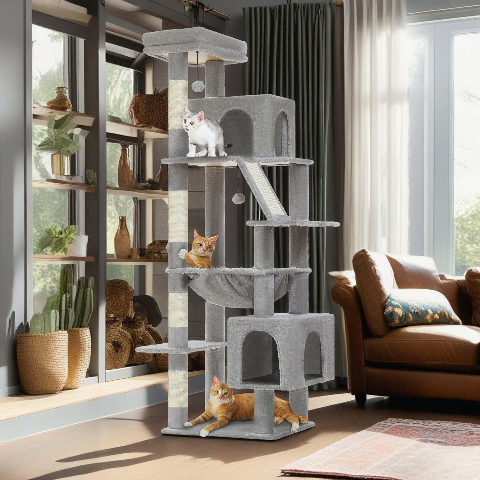 resenkos 71" Cat Tree Tower for Indoor Cats, Plush Multi-Level Cat Condo with Scratching Posts, Perches, Hammock, 2 Pompoms, Gray