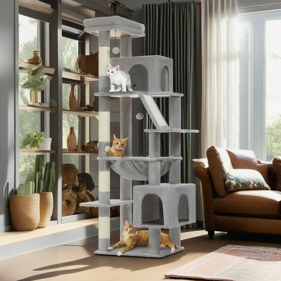 Demi Bonn 71" Cat Tree Tower for Indoor Cats, Plush Multi-Level Cat Condo with Scratching Posts, Perches, Hammock, 2 Pompoms, Gray