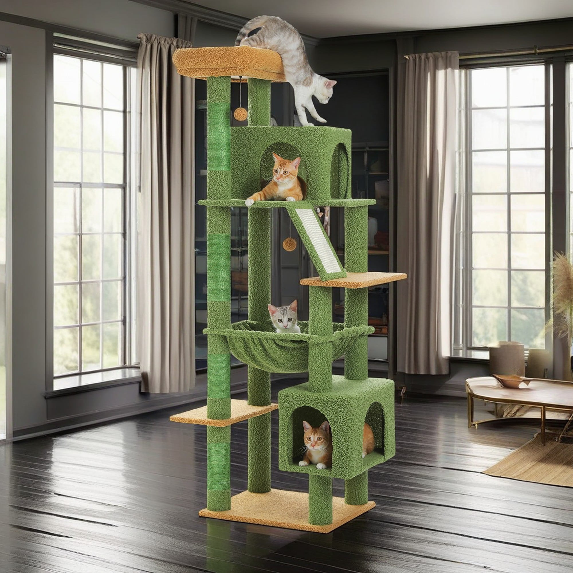 Kadyn 71" Cat Tree Tower for Indoor Cats, Plush Multi-Level Cat Condo with Scratching Posts, Perches, Hammock, 2 Pompoms, Green
