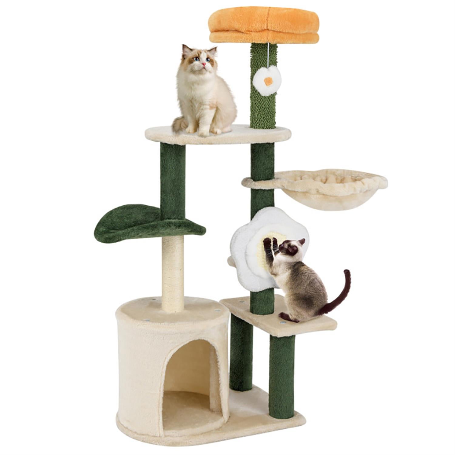 Kadyn 71" Cat Tree Tower with Hammock for Indoor Cats, Cute Flower Cat Tree House with Scratching Posts and Dangling Ball, Beige
