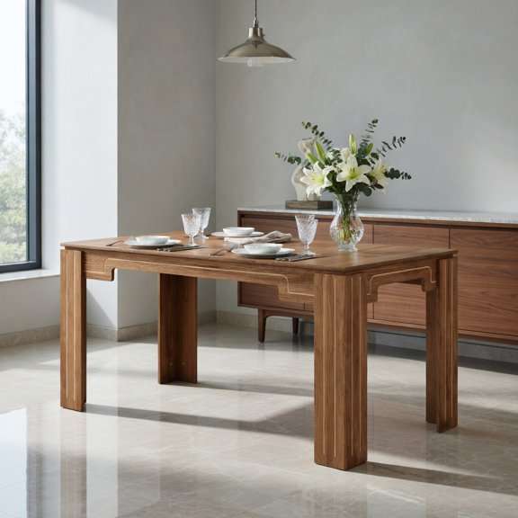Demi Bonn 71" Finish MDF Dining Table, Modern Grooved Leg Extendable Table for 6-8 People, Multi-Functional Home Desk & Conference Table, Walnut