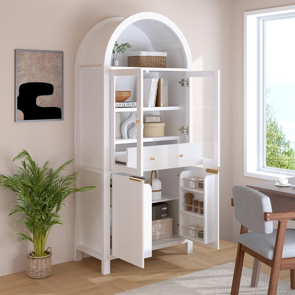 Demi Bonn 71" Fluted Tall Arched Pantry Cabinet with Adjustable Shelves, Display Storage with Hidden Drawer & Glass Door for Kitchen, Living Room, Dining Room, White