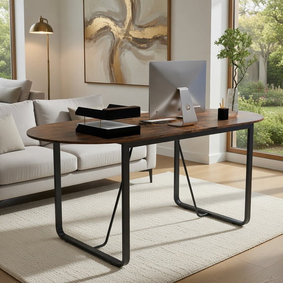 Demi Bonn 71 Inches Executive Oval Table, Metal Foundation, 265LBS Capacity, Home Office Table with Cable Management Hole-Rustic Brown