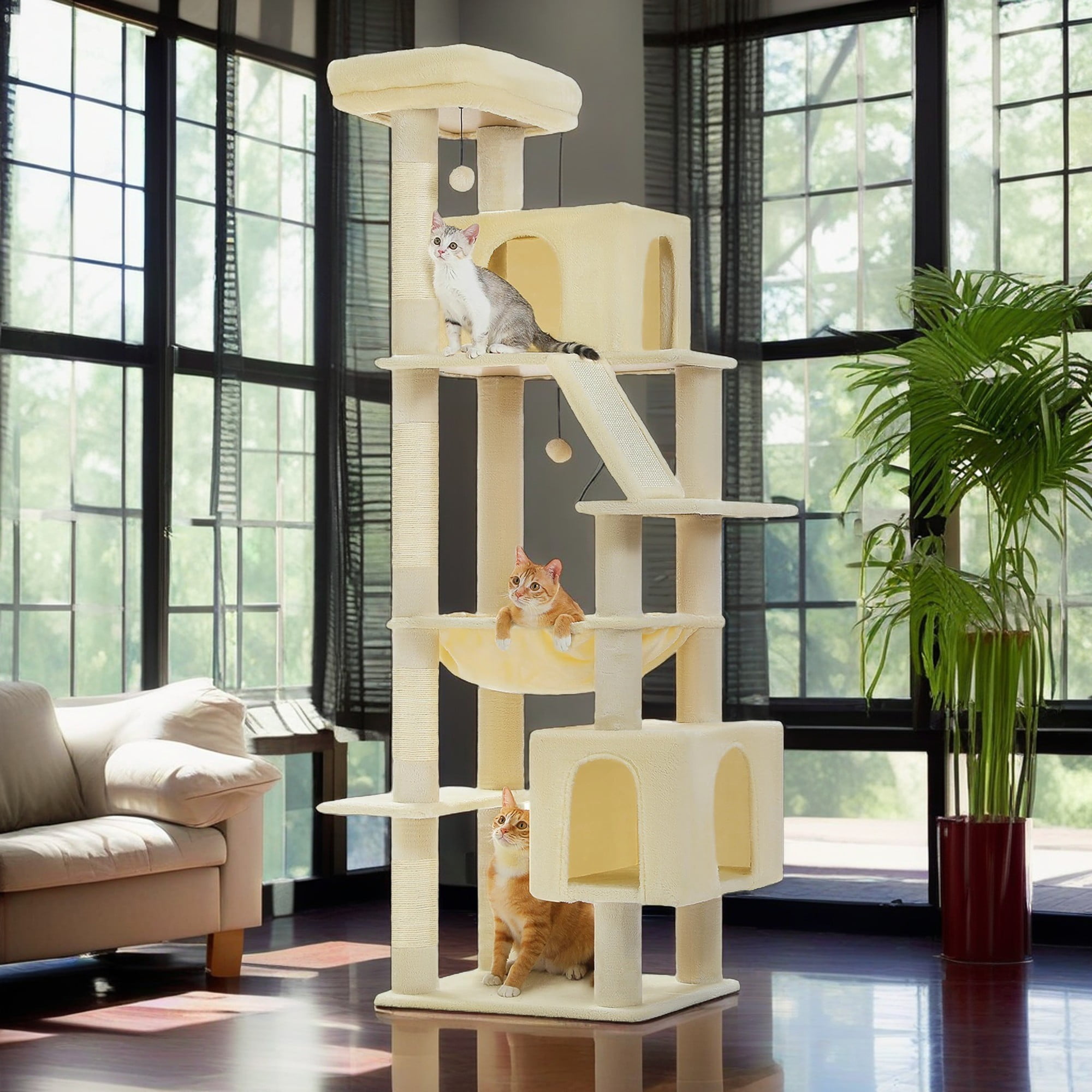 resenkos 71" Large Cat Tree Tower for Indoor Cats, Multi-Level Cat Tree House with Padded Perches, Scratcher, Hammock, 2 Cozy Cat Condos and Scratching Posts, Beige