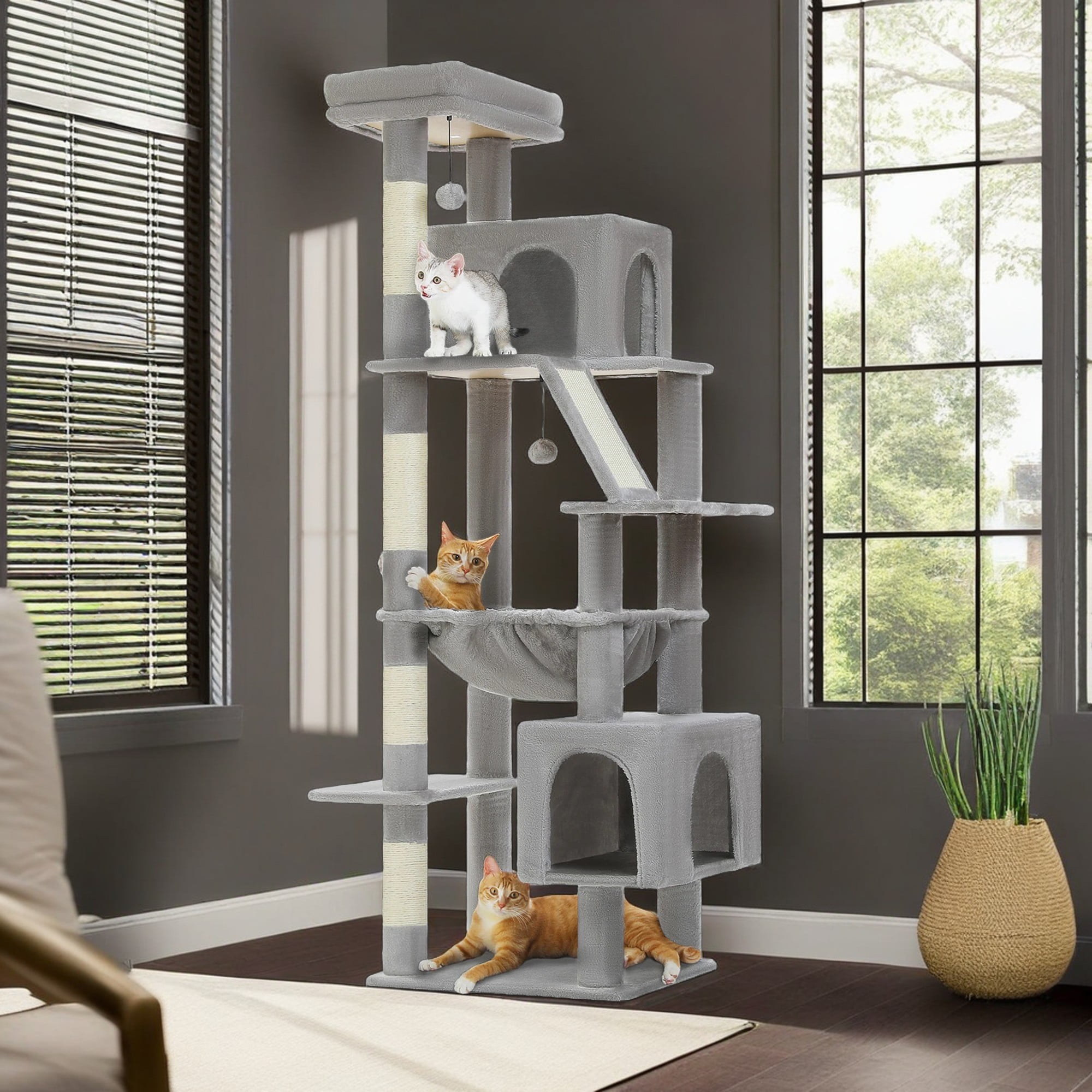 Kadyn 71" Large Cat Tree Tower for Indoor Cats, Multi-Level Cat Tree House with Padded Perches, Scratcher, Hammock, 2 Cozy Cat Condos and Scratching Posts, Gray