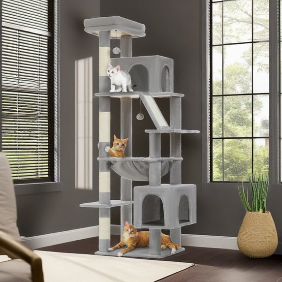 Demi Bonn 71" Large Cat Tree Tower for Indoor Cats, Multi-Level Cat Tree House with Padded Perches, Scratcher, Hammock, 2 Cozy Cat Condos and Scratching Posts, Gray