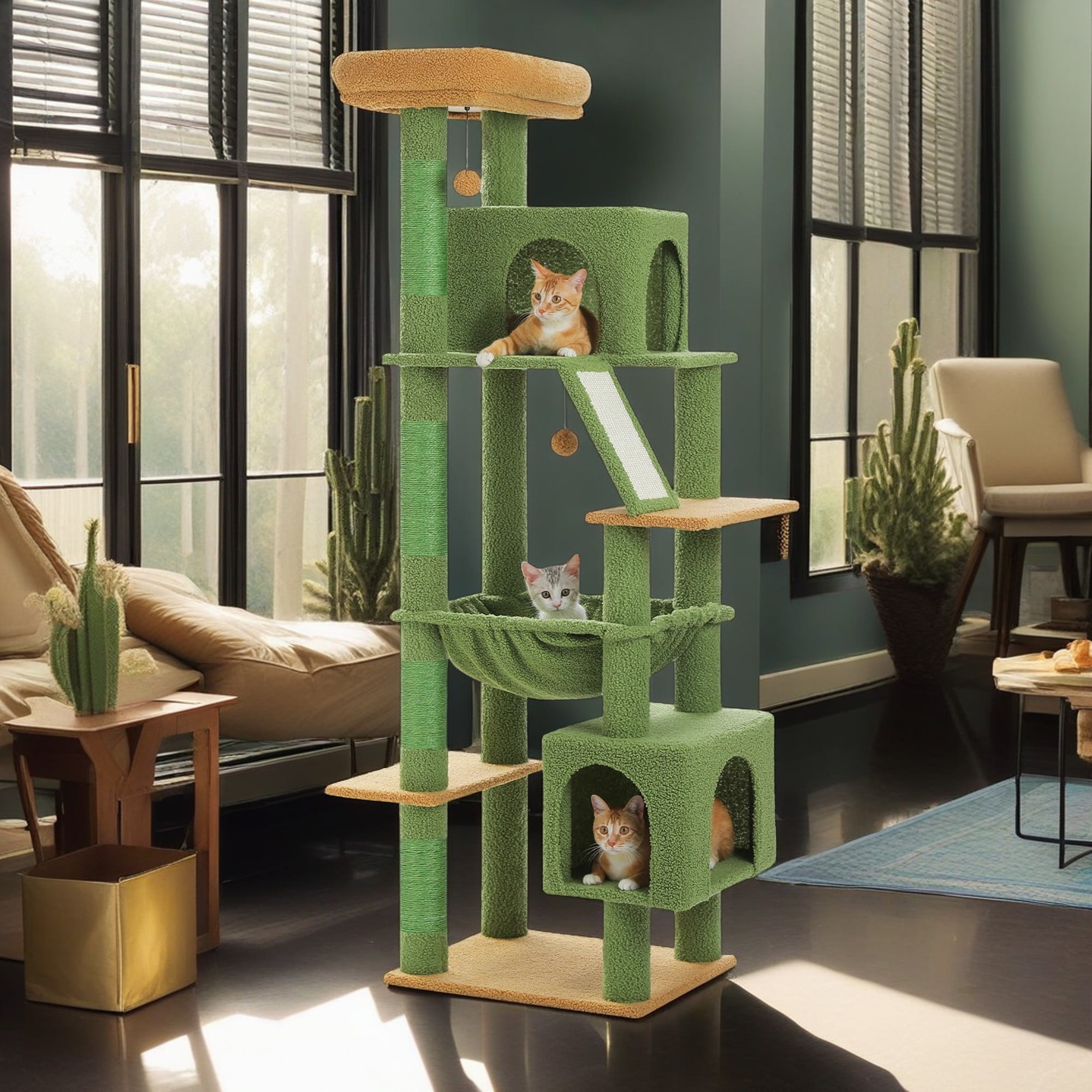 Kadyn 71" Large Cat Tree Tower for Indoor Cats, Multi-Level Cat Tree House with Padded Perches, Scratcher, Hammock, 2 Cozy Cat Condos and Scratching Posts, Green