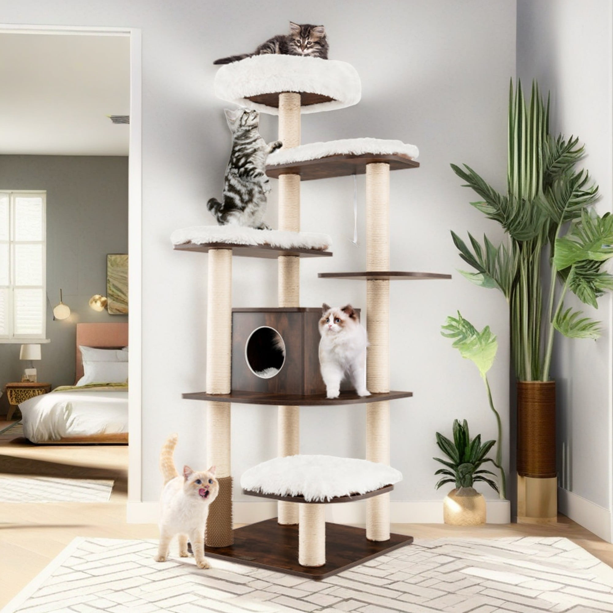 Kadyn 71" Modern Cat Tree Tower for Indoor Cats, Wood Cat Condo with Scratching Post and Removable Pads for Small Large Cats, Brown