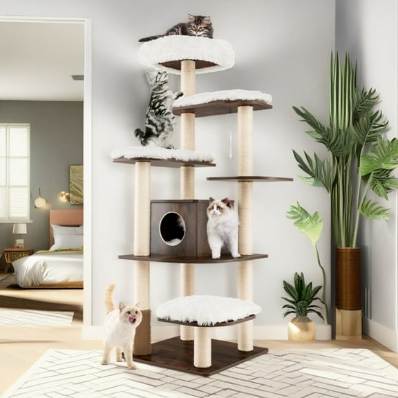 Demi Bonn 71" Modern Cat Tree Tower for Indoor Cats, Wood Cat Condo with Scratching Post and Removable Pads for Small Large Cats, Brown