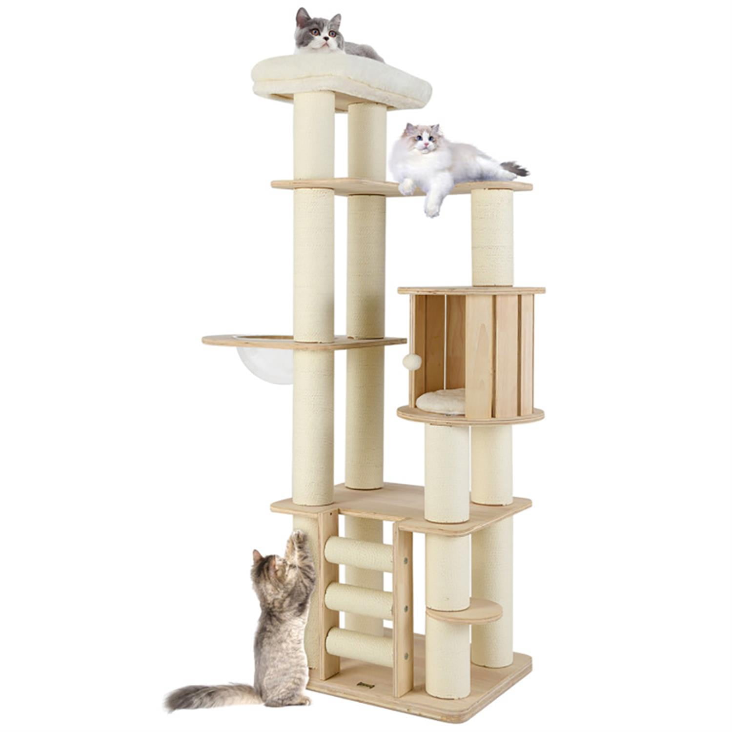 resenkos 71" Modern Cat Tree with Toy, Cat Tower Condo for Indoor Cats with Cozy Wooden Condos, Top Perch and Space Capsule, Beige
