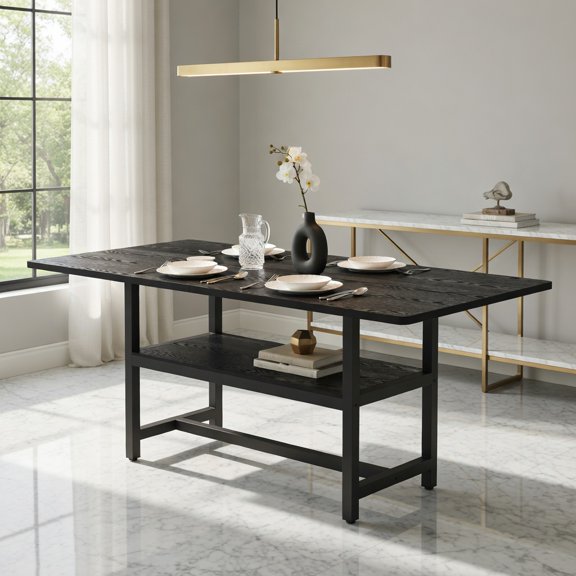 Demi Bonn 71" Modern Minimalist MDF Dining Table with Built-in Storage Shelf, Industrial & Nordic Style Extendable-Look Solid Table for Small Spaces, Black