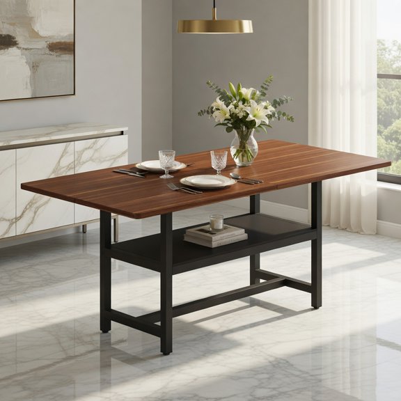 Demi Bonn 71" Modern Minimalist MDF Dining Table with Built-in Storage Shelf, Industrial & Nordic Style Extendable-Look Solid Table for Small Spaces, Brown