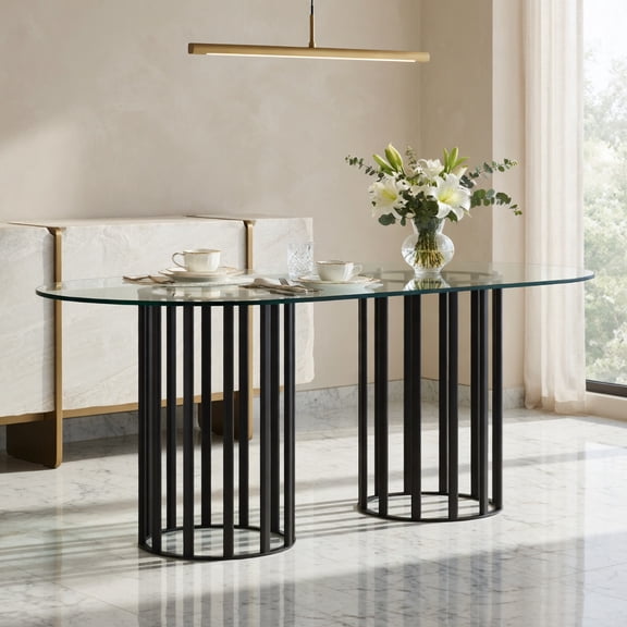 Demi Bonn 71" Oval Tempered Glass Dining Table, Double Column Light Luxury Modern Table for 6-8 People, Scratch-Resistant & Easy-Clean Glass Top, Black
